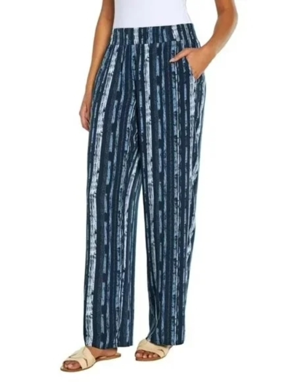 Three Dots Navy and White  Vertical Stripe High Waisted Wide Leg Pants